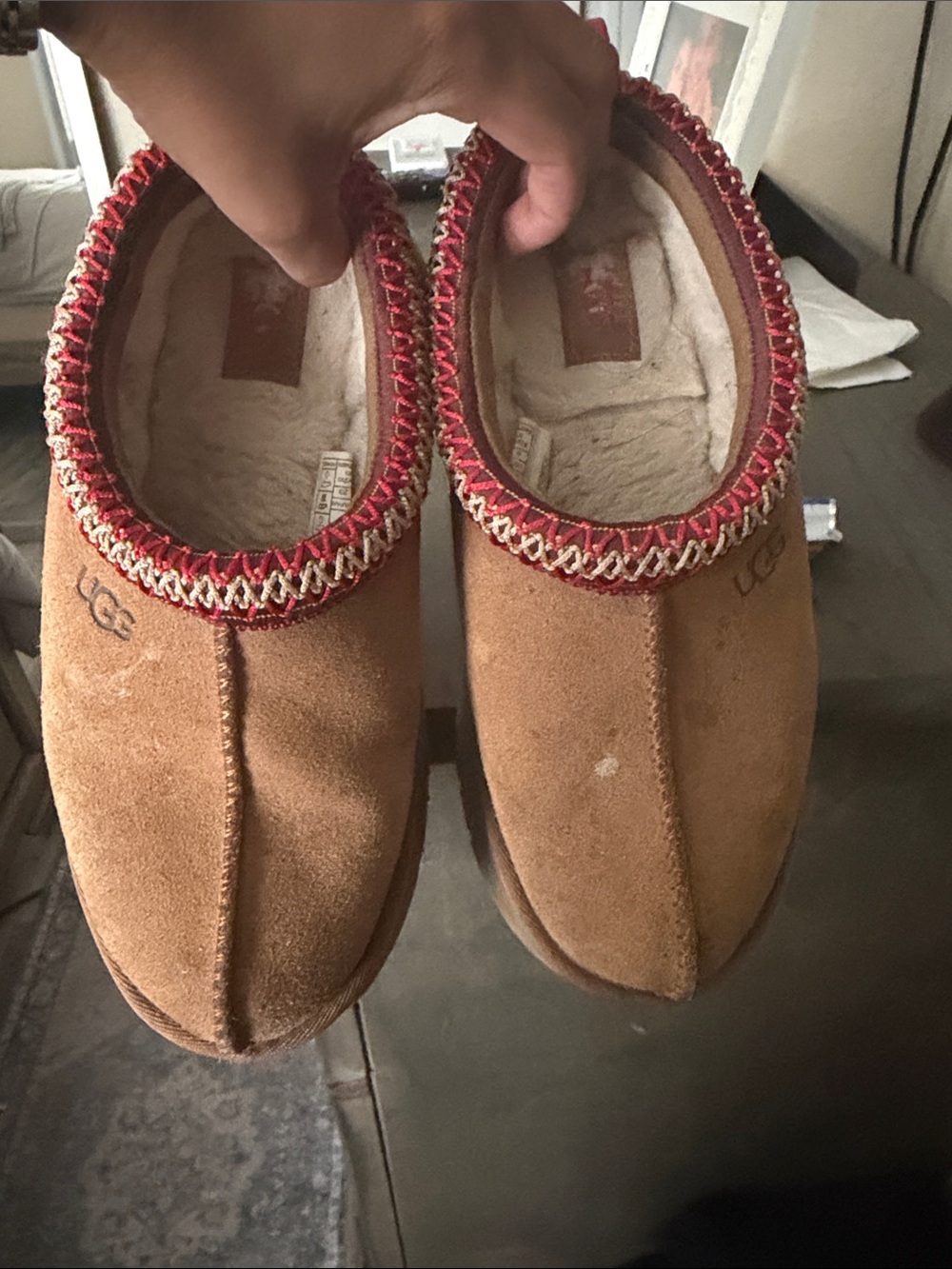 UGG Men’s Chestnut Suede Slip-On with Red Trim